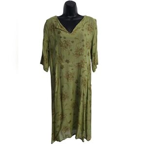 Olive Floral Sheer Midi Dress Coverup 3/4 Sleeve Boho Cottagecore Adorable M/L